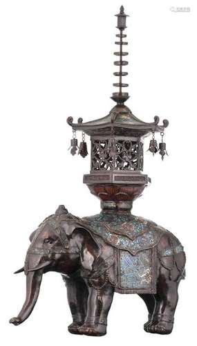 An Oriental champlevé enamel bronze elephant, carr…