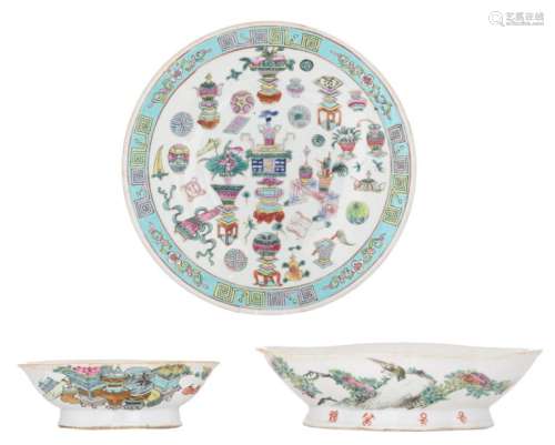 A Chinese famille rose dish and two ditto footed p…