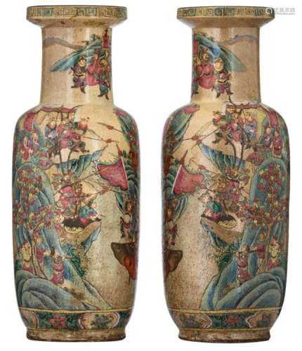 A pair of Chinese stoneware vases, polychrome deco…