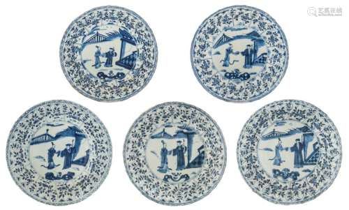 Five Chinese blue and white deep plates, the centr…