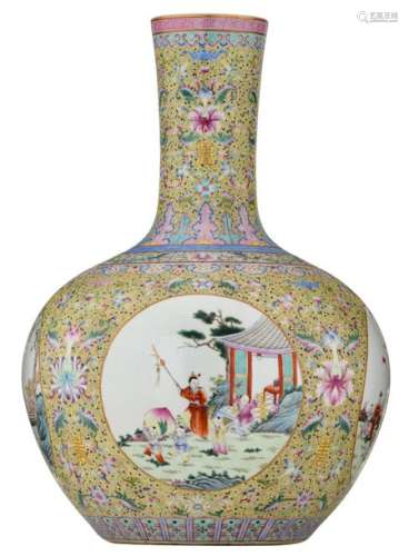 A Chinese yellow ground famille rose bottle vase, …