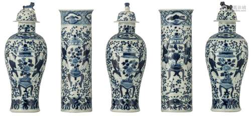 A Chinese blue and white five piece garniture, dec…