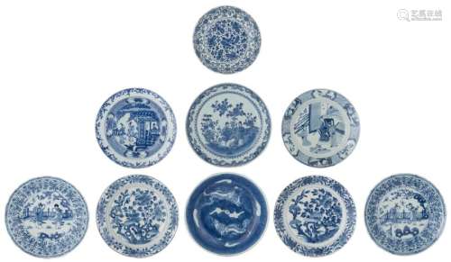 Nine Chinese blue and white dishes, some decorated…