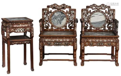 A Chinese rosewood furniture set, with inlaid marb…