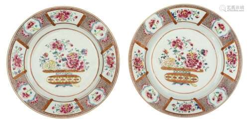 Two Chinese famille rose chargers, the centre deco…