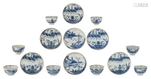 Five Chinese blue and white cups and saucers, deco…