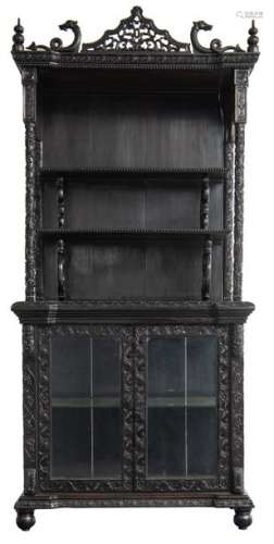 A Chinese ebonised hardwood display cabinet, richl…