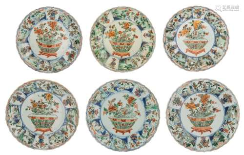 Six Chinese famille verte and gilt lobed plates, d…
