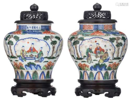 Two Chinese wucai floral decorated vases and hardw…