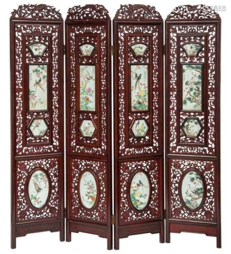 A Chinese rosewood four panel screen, decorated wi…
