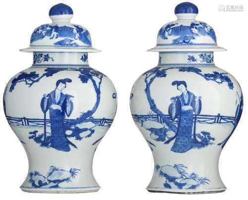 A pair of Chinese blue and white vases and covers,…