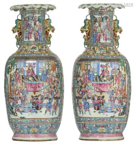 A pair of large Chinese famille rose relief vases,…