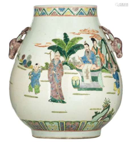 A Chinese polychrome decorated hu vase, with schol…