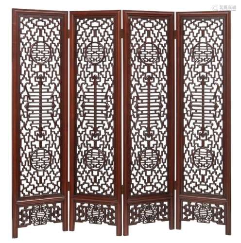 A Chinese rosewood four panel screen, decorated wi…