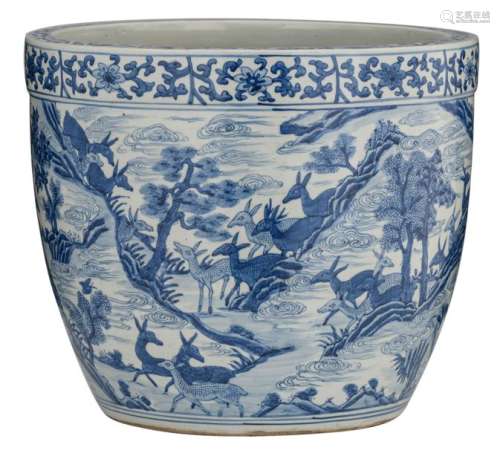 A Chinese blue and white Ming type cachepot, flora…