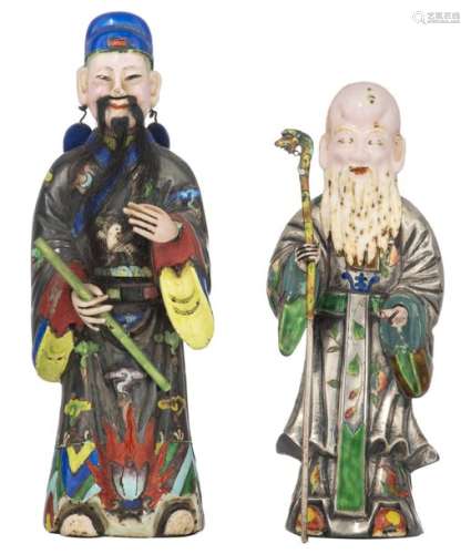 Two Chinese enameled silver figures, one depicting…