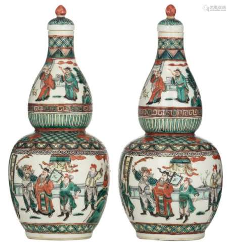 Two Chinese famille verte double gourd vases and c…