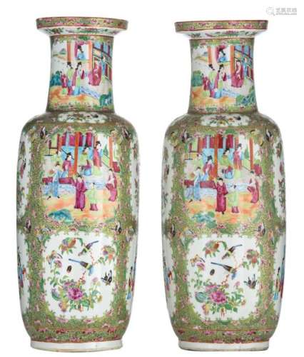 Two Chinese Canton rouleau vases, the roundels dec…