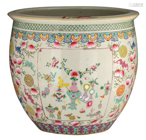 A large Chinese famille rose fishbowl, decorated w…