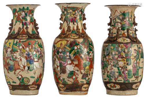 Three Chinese famille rose stoneware vases, decora…