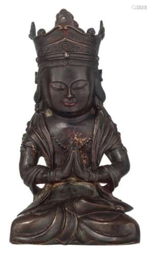 A Sino Tibetan seated bronze Buddha with traces of…