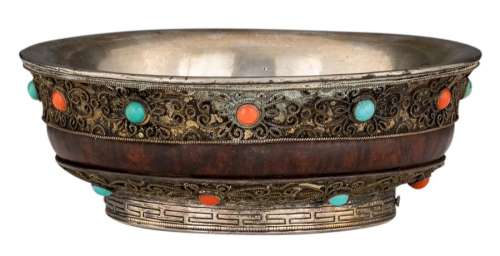 A Sino Tibetan silver and wooden tsampa bowl, inla…