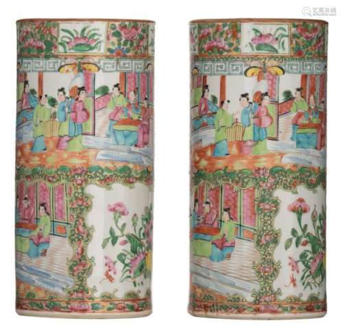 Two Chinese Canton cylindrical vases, decorated wi…