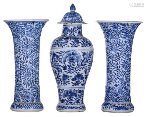 A pair of Chinese blue and white floral relief dec…