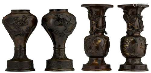 Two pairs of Oriental bronze vases, relief decorat…