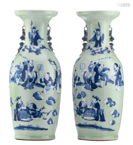 A pair of Chinese celadon ground blue and white va…