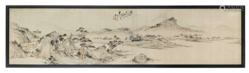 A Chinese painting on textile depicting a boat wit…