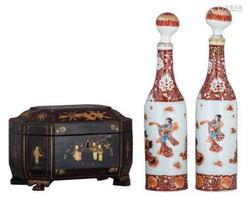 A Chinese lacquered and gilt decorated tea caddy; …
