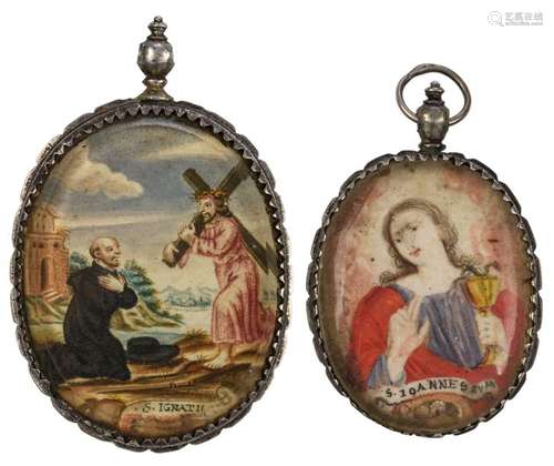 Two 18thC recto verso oval shaped devotional penda…