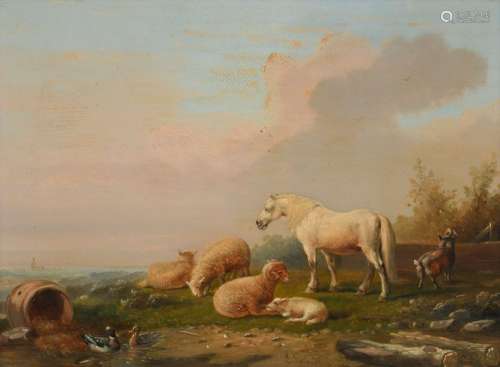 Gerards L., a horse, sheep and ducks near a pond, …