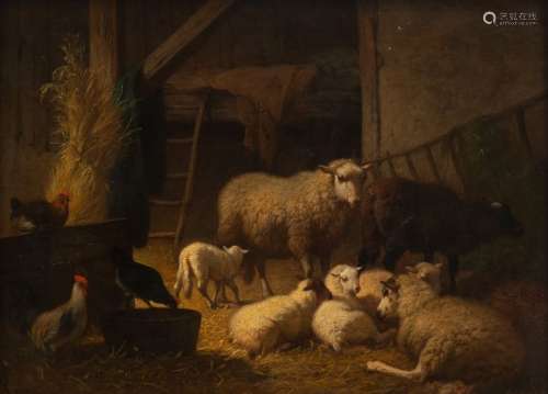 Robbe L., sheep resting in the stable, oil on pane…