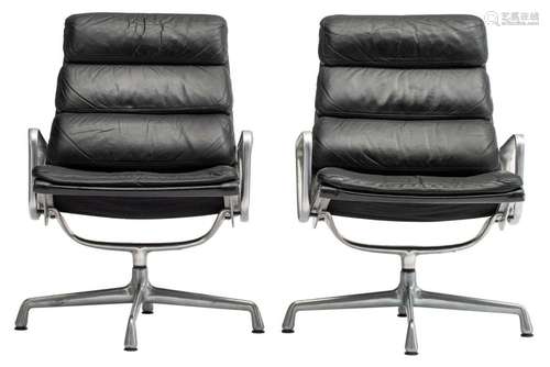 A pair of black leather soft pad upholstered 'EA 2…