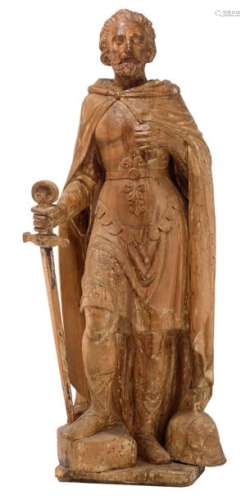 A large limewood sculpture of a Roman warrior, wit…