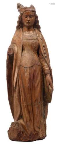 An oak sculpture of a female Saint, with traces of…