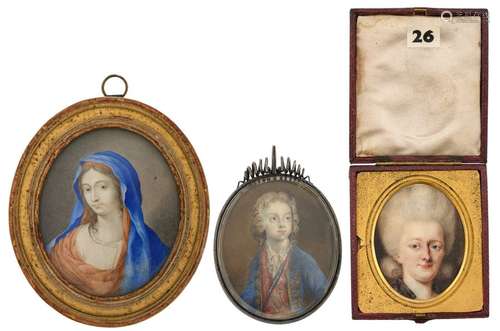 Three late 18thC portrait miniatures, one French, …