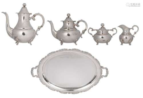 A silver plated five piece coffee and tea set, dec…