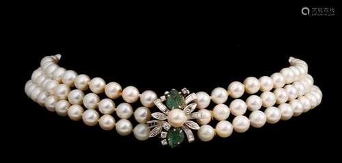 A three strand cultured pearl 'ras du cou' necklac…