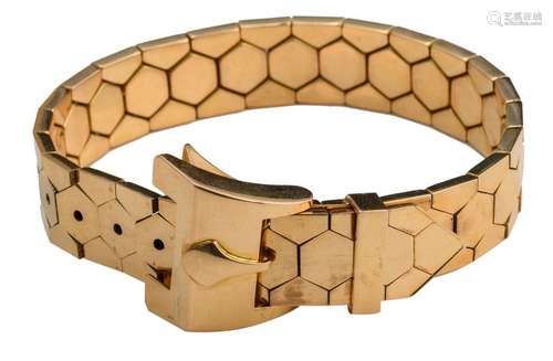 An 18ct gold ladies bracelet modeled as a belt, to…