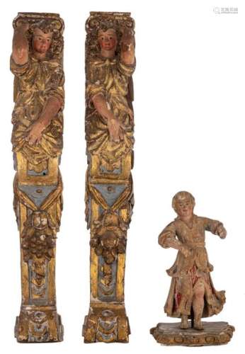A pair of polychrome and gilt painted walnut archi…