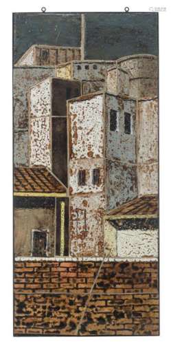 Vermeersch J., a tile panel depicting a city view,…