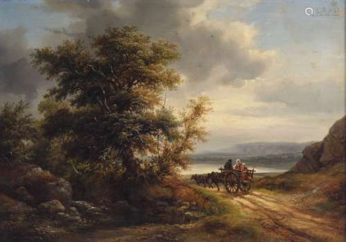 Van Marcke J., a wooded landscape with a horse dra…