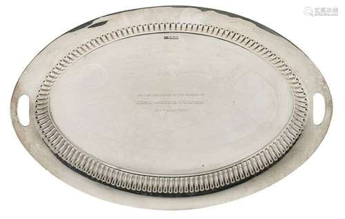 An English oval silver serving tray, with dedicati…