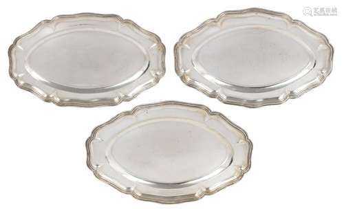 A set of three silver 800/000 Rococo style salvers…