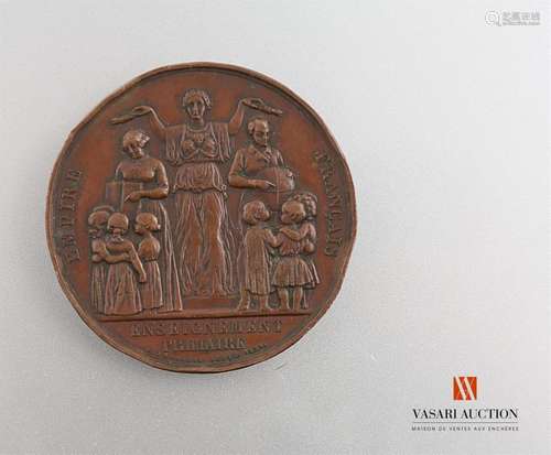 French Empire, Primary Education - Commemorative medal, patinated copper, 51 mm, E.Farochon, sculpture. 1853, smooth engraved edge 