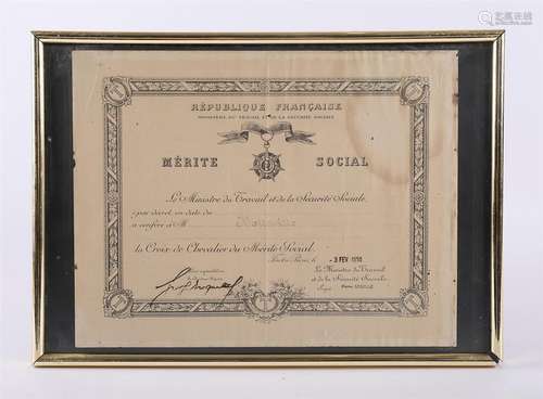 Diploma of the Croix de Chevalier du Mérite Social issued in Paris on 3 February 1950 signed with the stamp of the Minister of Labour and Social Security Pierre Segelle