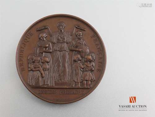 French Republic - Primary Education - Table medal, copper, 50 mm, awarded 1877-1878, smooth edge, engraved by E.Farochon, TBE